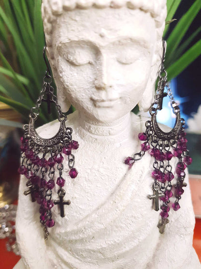 Vintage Purple Rhinestone Boho Dangle Earrings 90s Bohemian