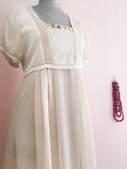 Vintage Cream Silk Satin & Chiffon Dress - Size 12