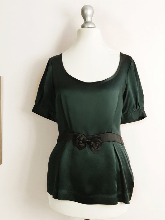 90s Vintage Dark Green Silk Blouse Top Bow Ladies Short Sleeves