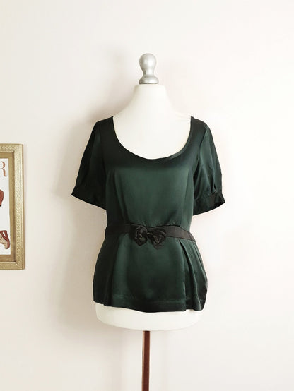90s Vintage Dark Green Silk Blouse Top Bow Ladies Short Sleeves