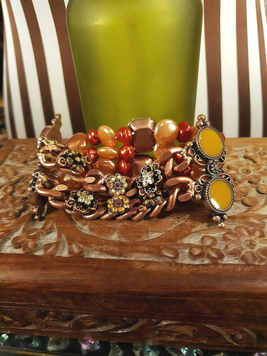 90s Vintage Rhinestone Pearl Copper Boho Bracelet Enamel Flower Bohemian