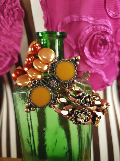 90s Vintage Rhinestone Pearl Copper Boho Bracelet Enamel Flower Bohemian