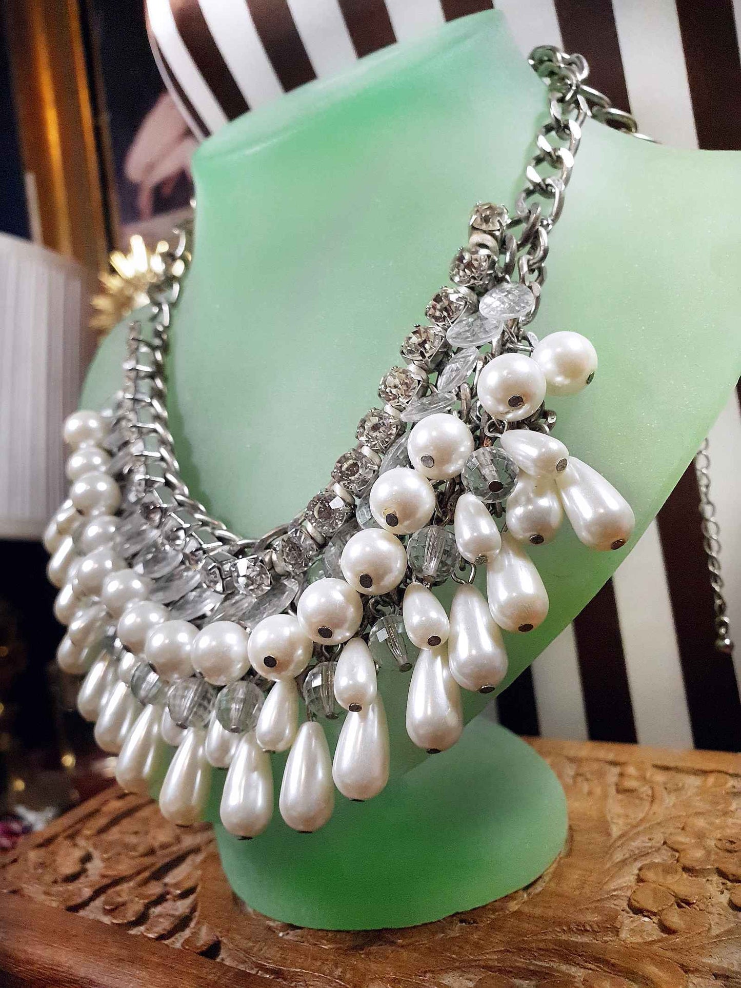 Vintage Rhinestone Glass Pearl Statement Necklace Bib Layered 5 Tiers 90s