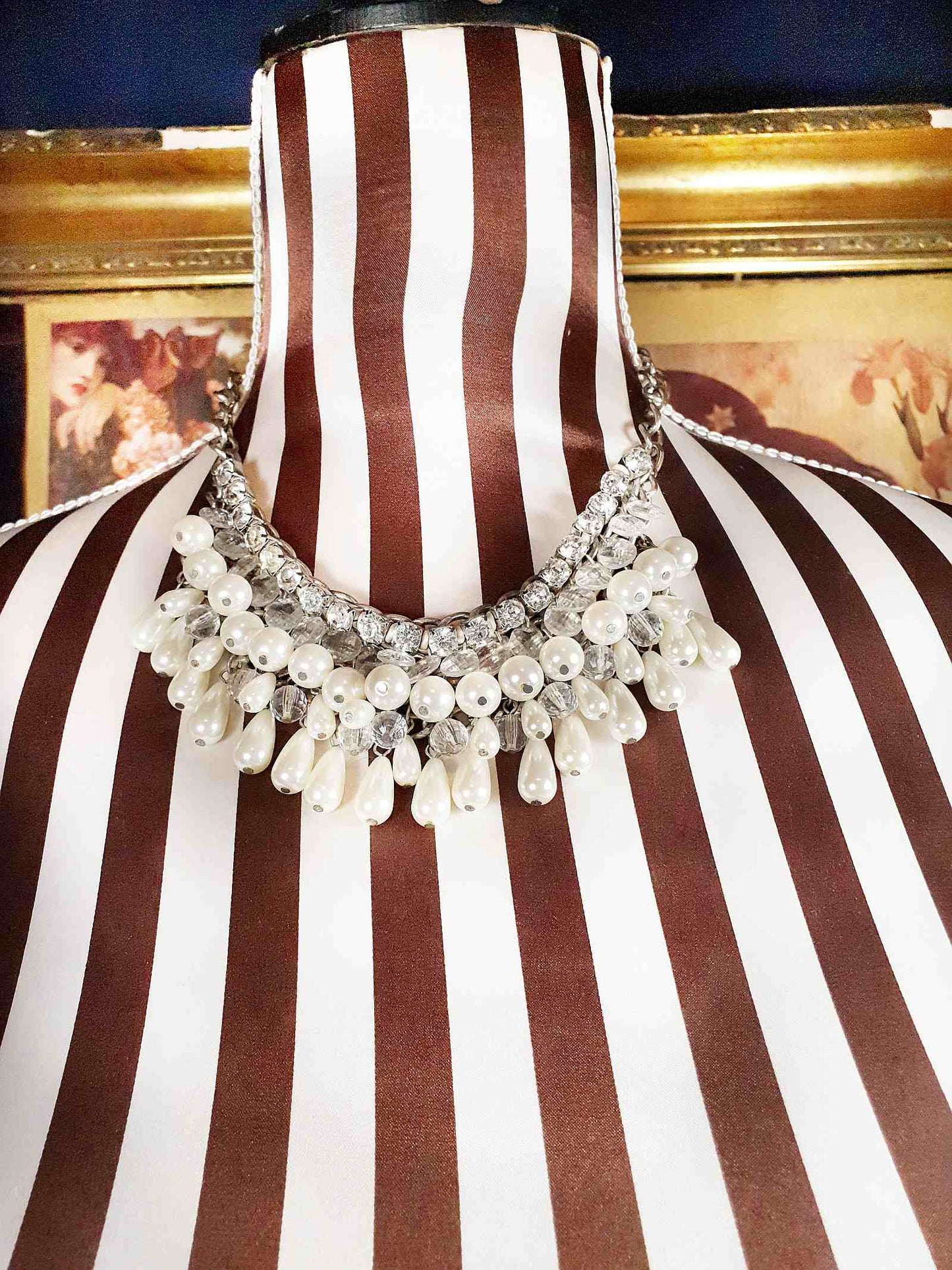 Vintage Rhinestone Glass Pearl Statement Necklace Bib Layered 5 Tiers 90s