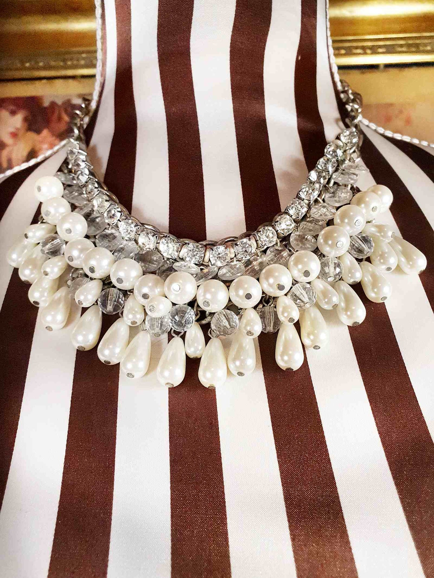 Vintage Rhinestone Glass Pearl Statement Necklace Bib Layered 5 Tiers 90s