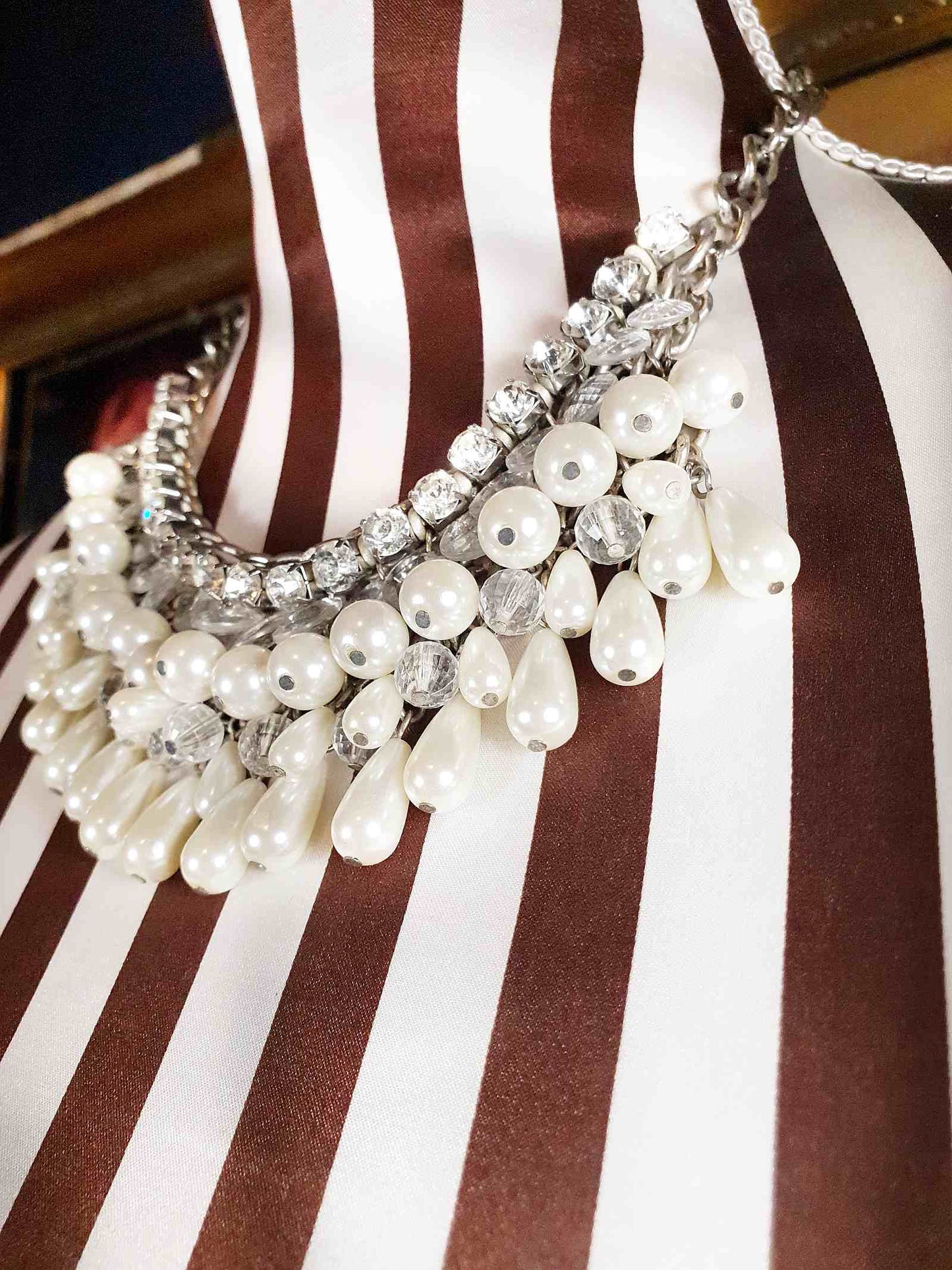 Vintage Rhinestone Glass Pearl Statement Necklace Bib Layered 5 Tiers 90s