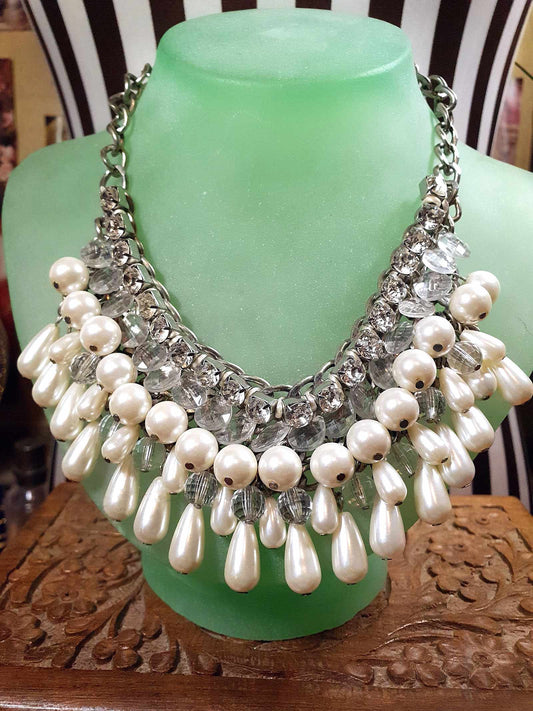 Vintage Rhinestone Glass Pearl Statement Necklace Bib Layered 5 Tiers 90s