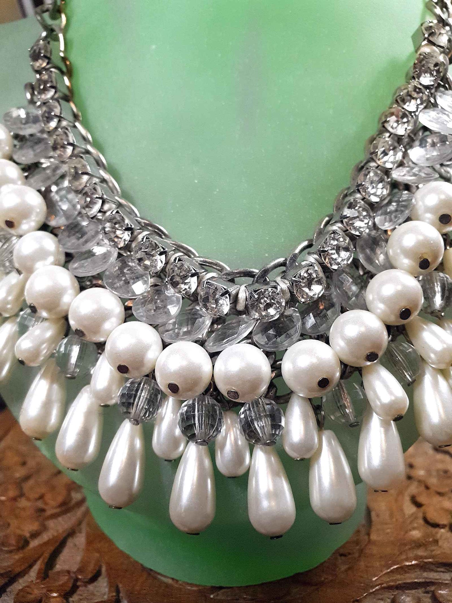 Vintage Rhinestone Glass Pearl Statement Necklace Bib Layered 5 Tiers 90s