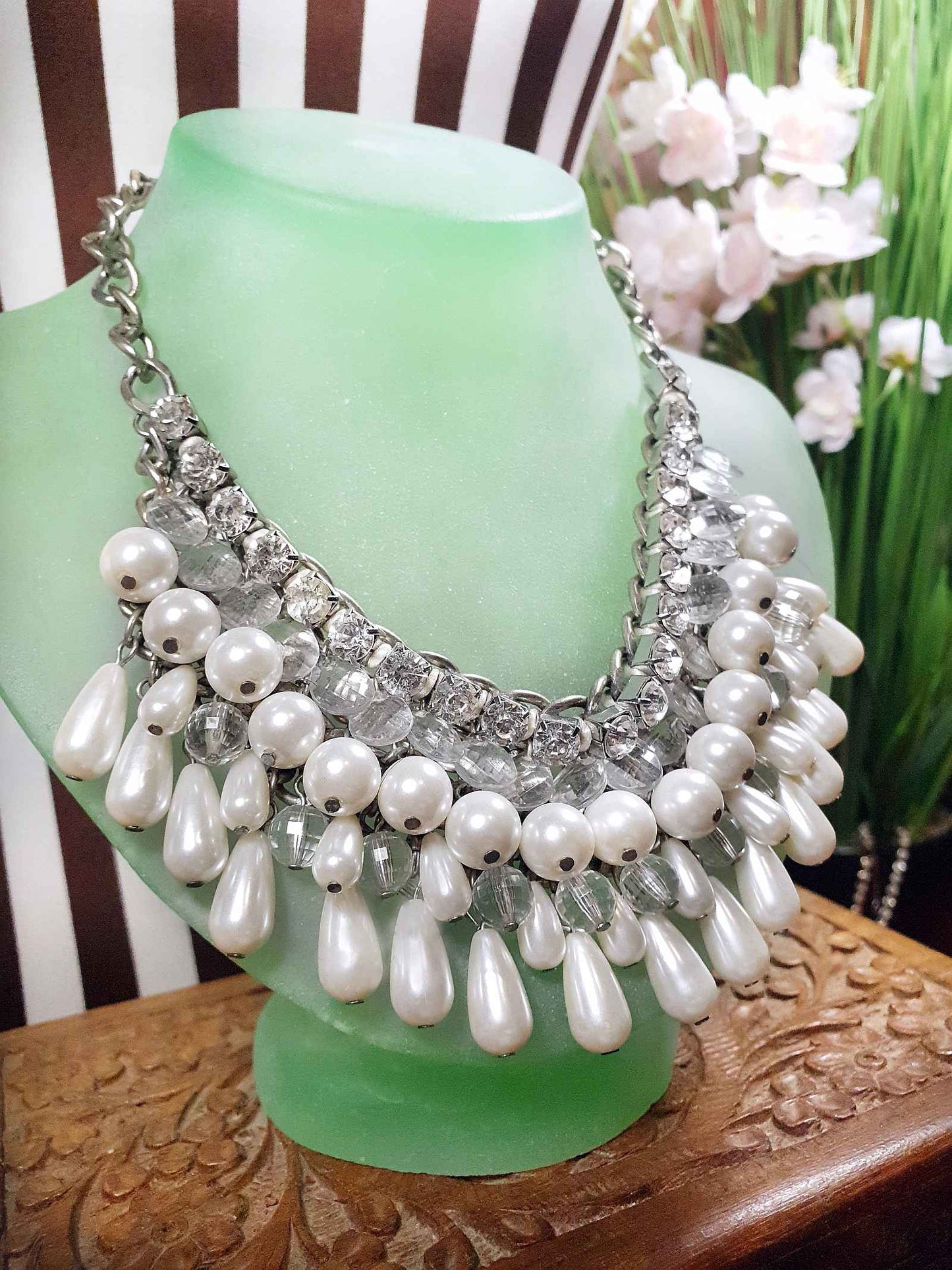 Vintage Rhinestone Glass Pearl Statement Necklace Bib Layered 5 Tiers 90s