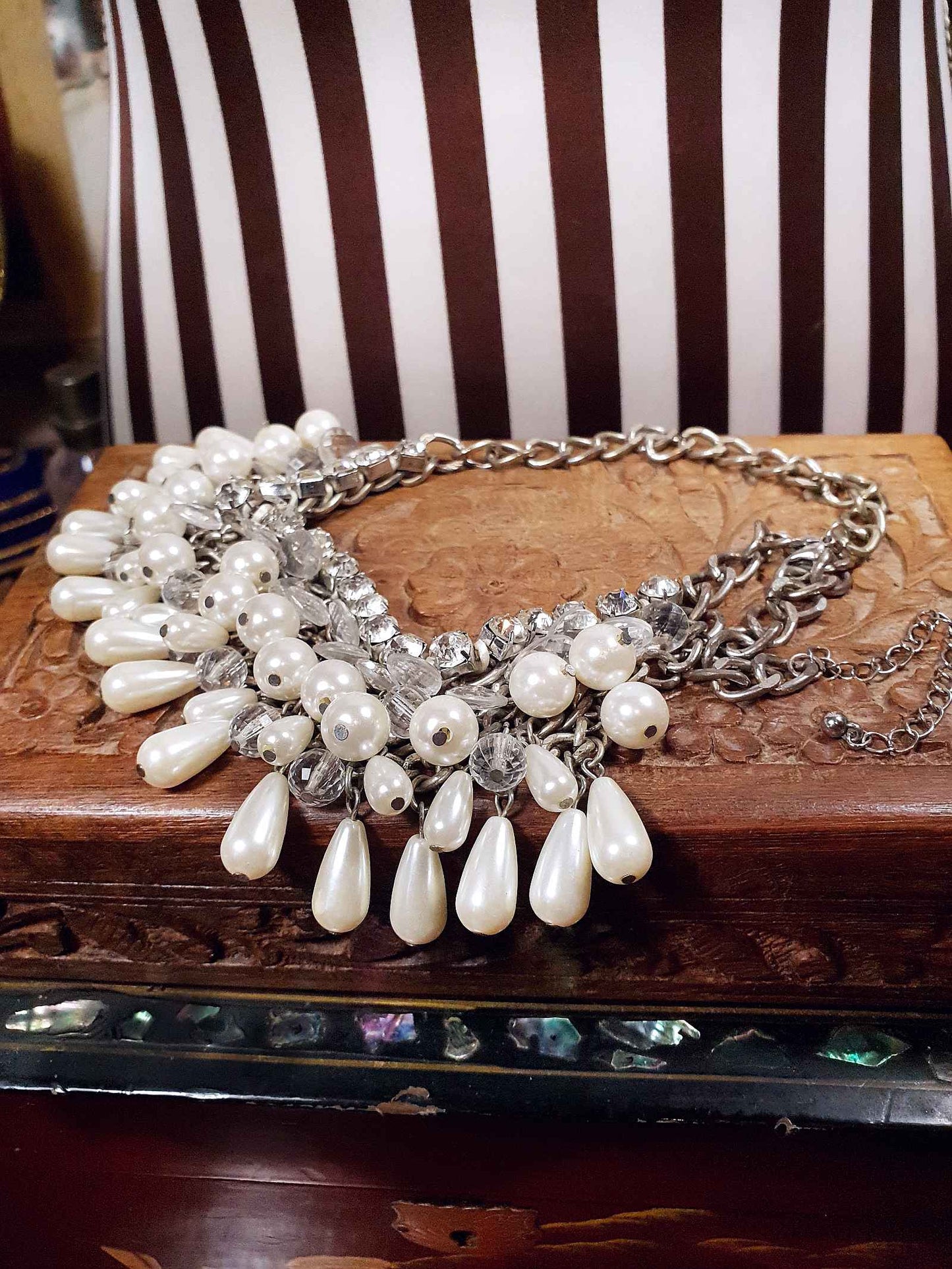 Vintage Rhinestone Glass Pearl Statement Necklace Bib Layered 5 Tiers 90s