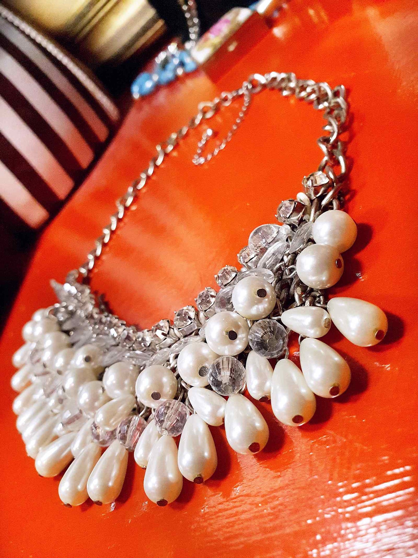 Vintage Rhinestone Glass Pearl Statement Necklace Bib Layered 5 Tiers 90s