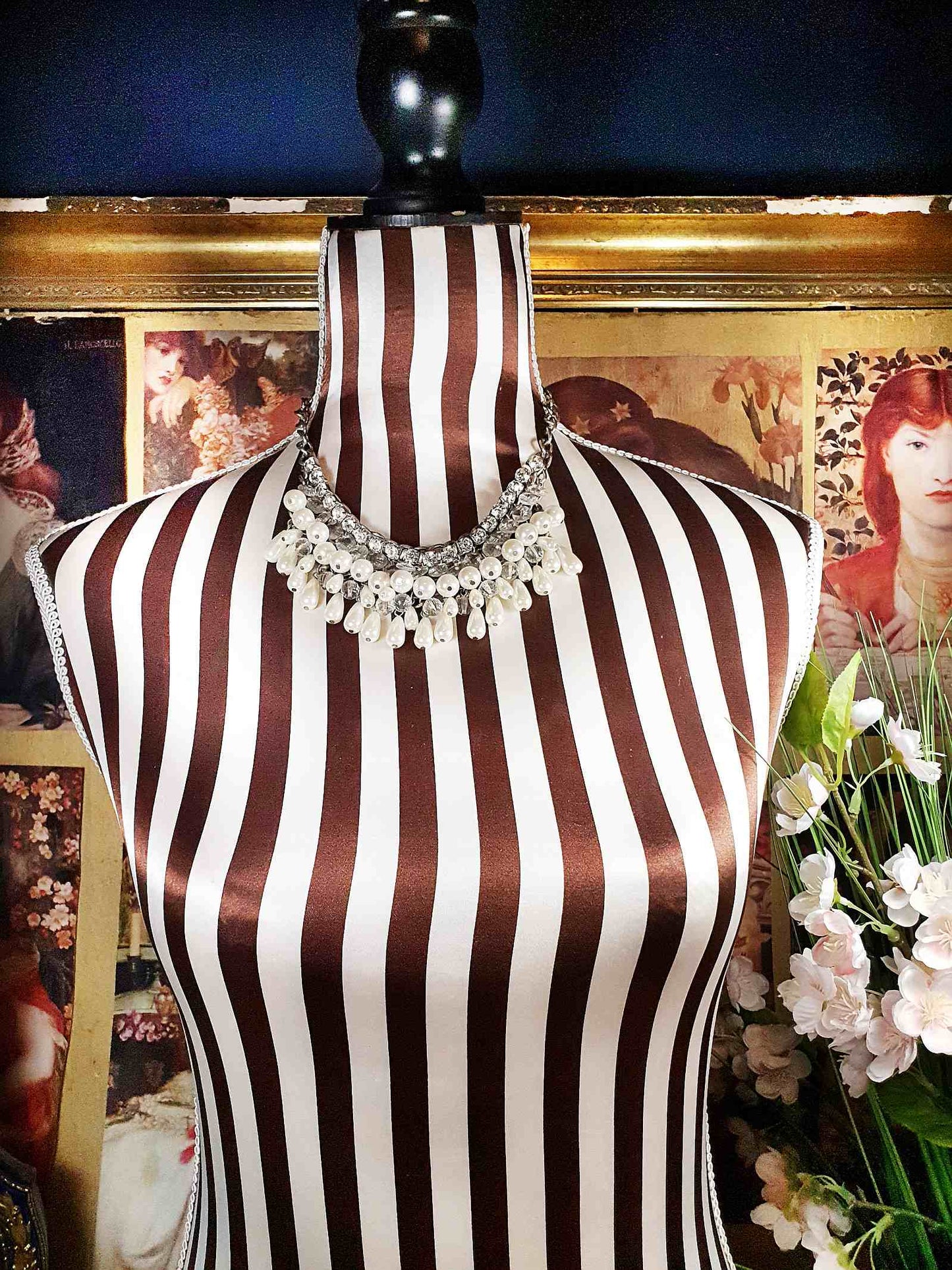 Vintage Rhinestone Glass Pearl Statement Necklace Bib Layered 5 Tiers 90s
