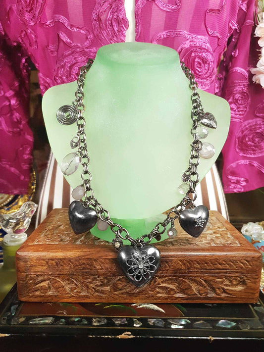 90s Vintage Gunmetal Boho Charm Heart Necklace