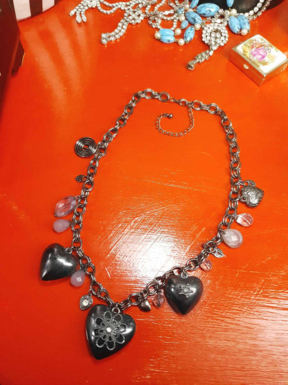 90s Vintage Gunmetal Boho Charm Heart Necklace