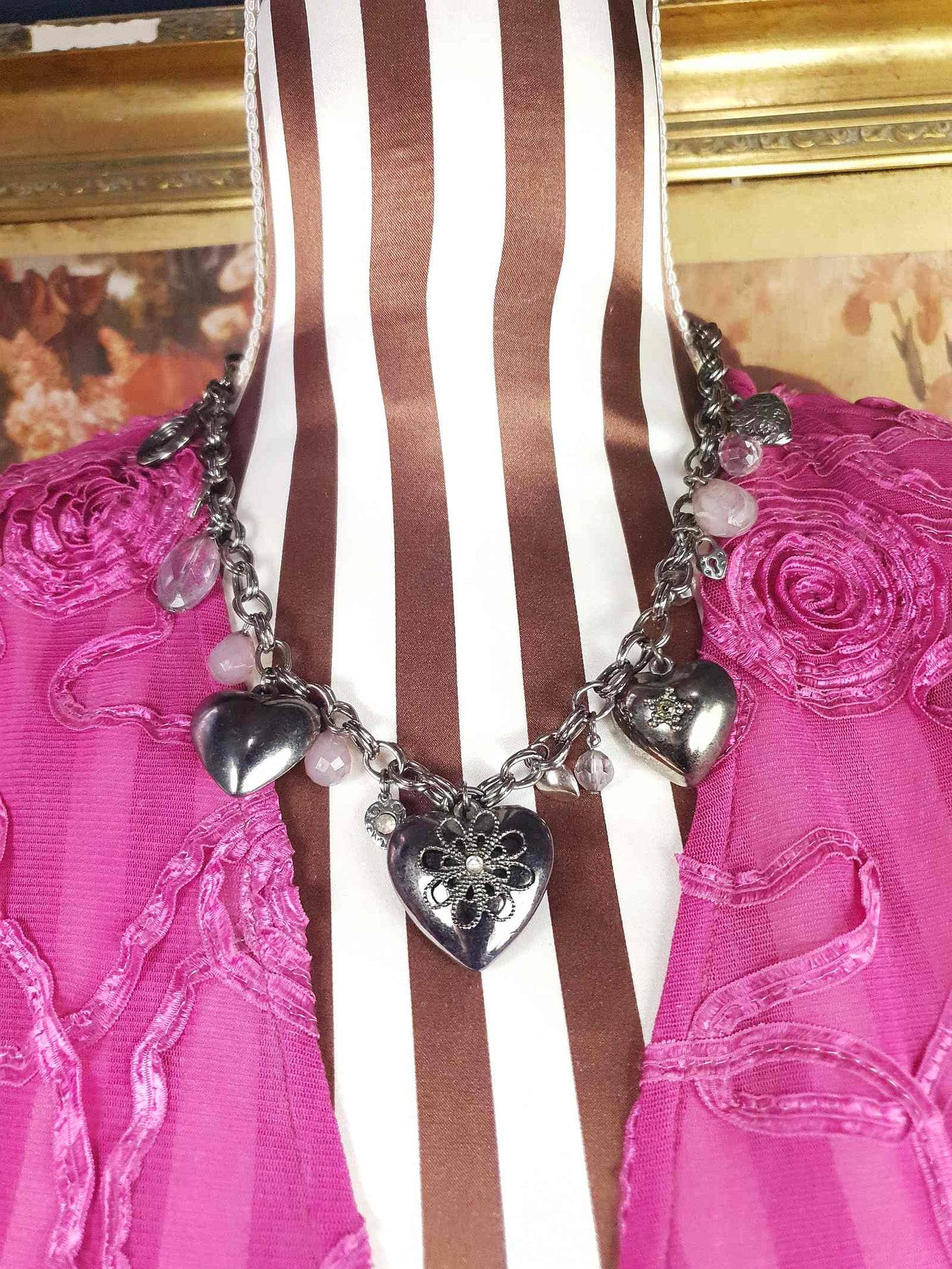 90s Vintage Gunmetal Boho Charm Heart Necklace