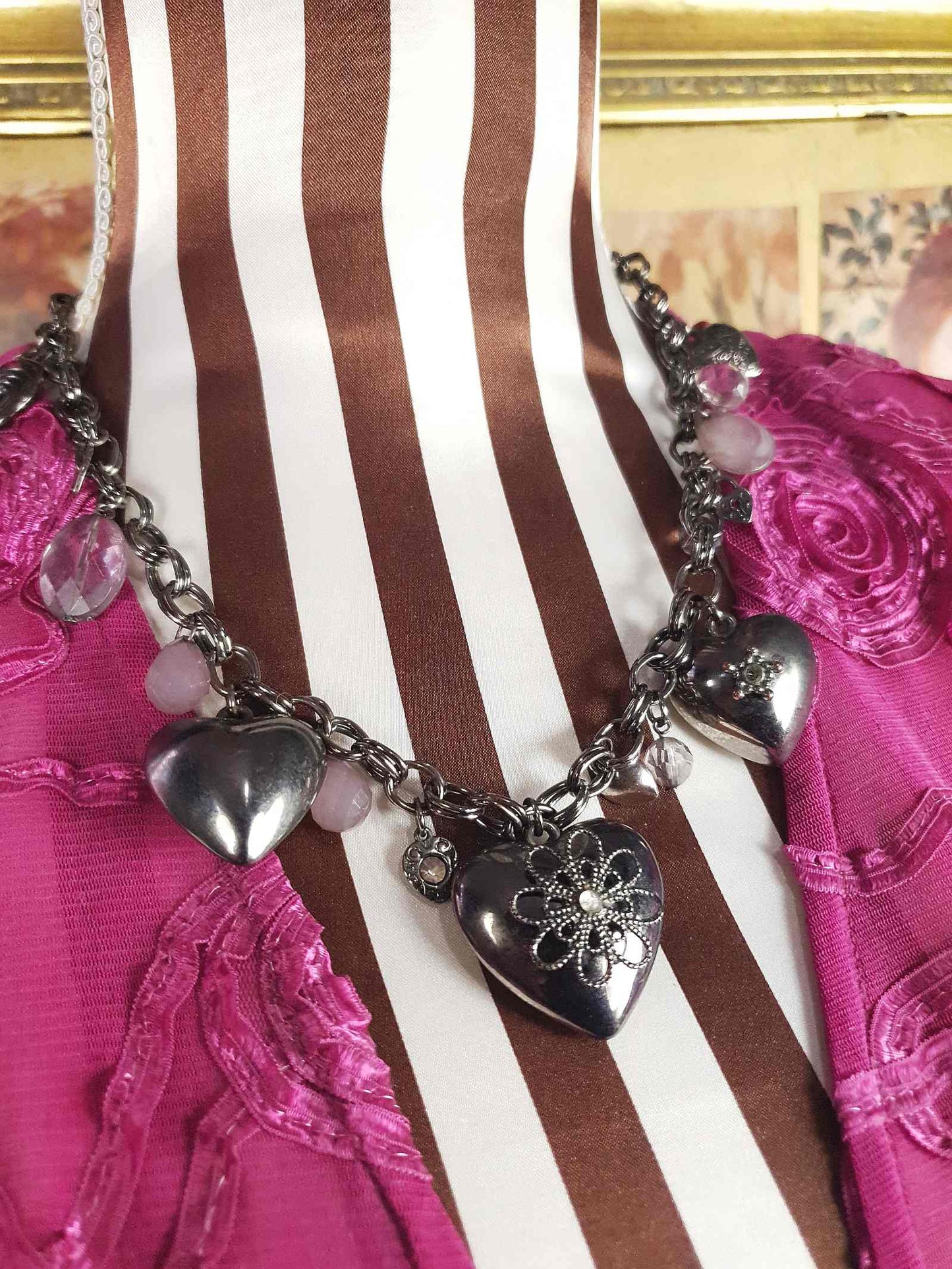 90s Vintage Gunmetal Boho Charm Heart Necklace