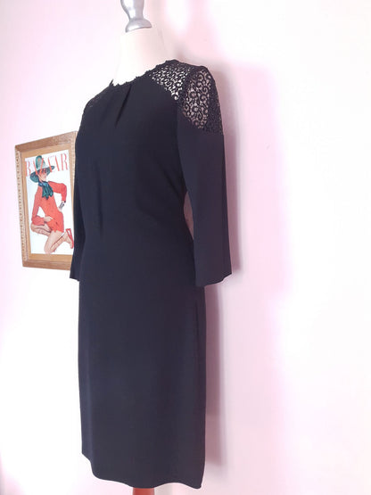 90s Vintage Monsoon Black Lace Dress Midi LBD - Size 8