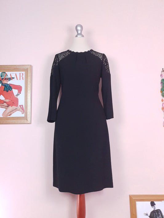 90s Vintage Monsoon Black Lace Dress Midi LBD - Size 8