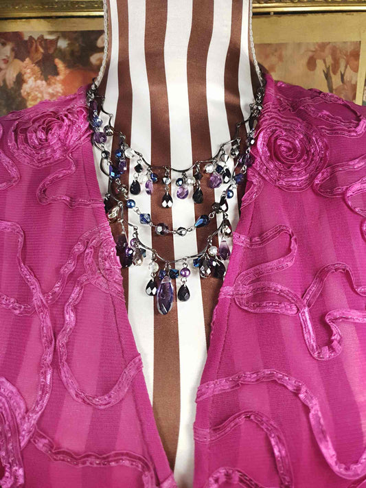 90s Vintage Purple Rhinestone Boho Statement Necklace Gunmetal Grey Bohemian