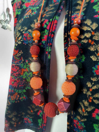 Vintage Boho Crochet and Wooden Bead Bohemian Necklace