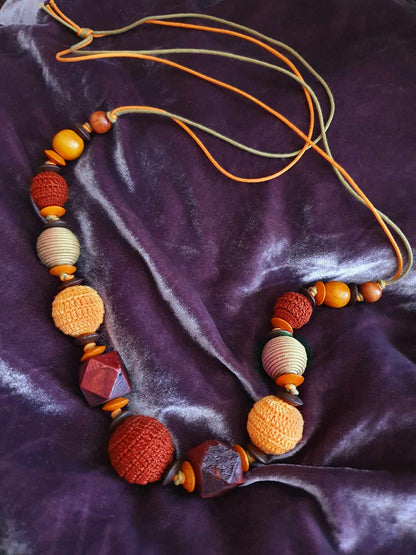 Vintage Boho Crochet and Wooden Bead Bohemian Necklace