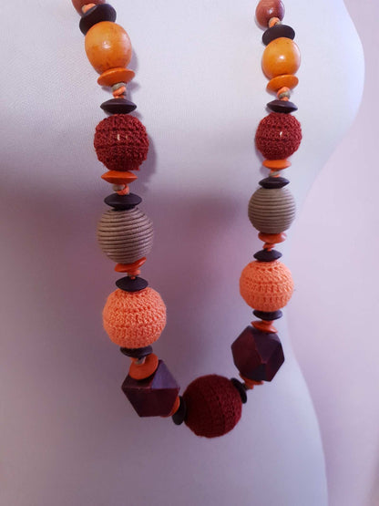 Vintage Boho Crochet and Wooden Bead Bohemian Necklace