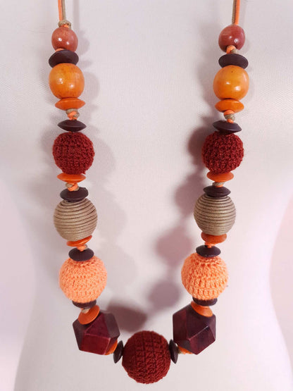 Vintage Boho Crochet and Wooden Bead Bohemian Necklace