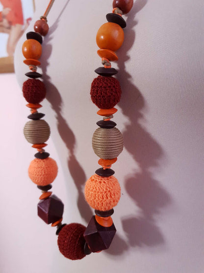 Vintage Boho Crochet and Wooden Bead Bohemian Necklace