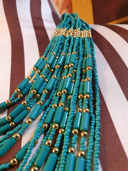 Vintage Statement African Festoon Necklace  Multi Tier Strands Turquoise Blue