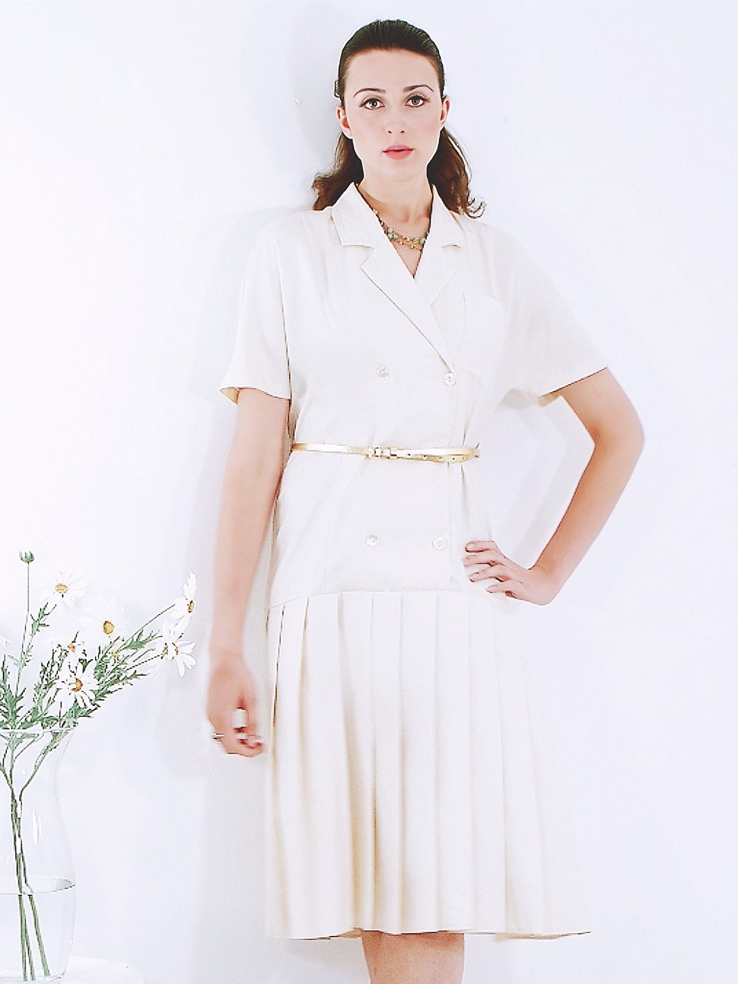 Vintage 1980s Alexon Cream Drop Waist Pleat Dress - English Classics Size 14