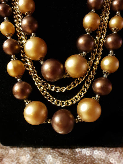 Beautiful 1950s Vintage Gold/Choc Brown Faux Pearl Multi Tier Necklace