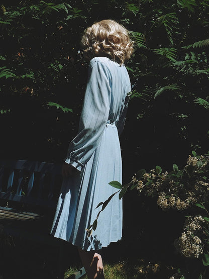 Vintage 1970s Pale Blue Pleated Day Dress - English Classics Size 14