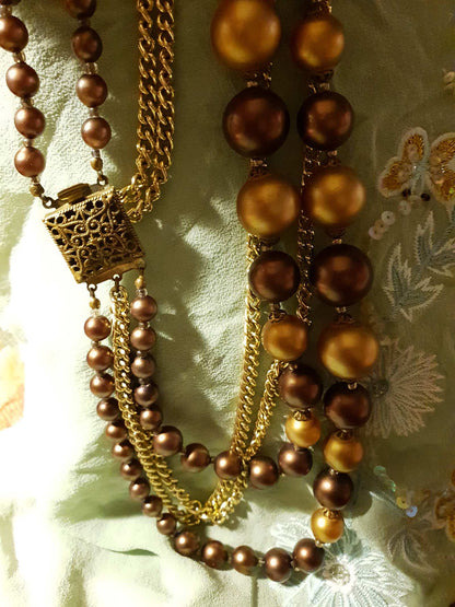 Beautiful 1950s Vintage Gold/Choc Brown Faux Pearl Multi Tier Necklace