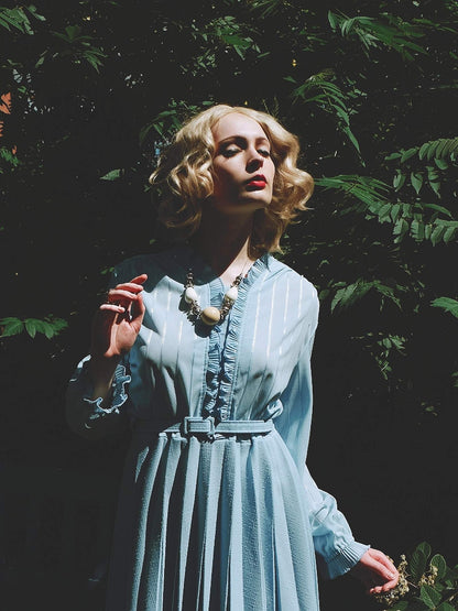 Vintage 1970s Pale Blue Pleated Day Dress - English Classics Size 14