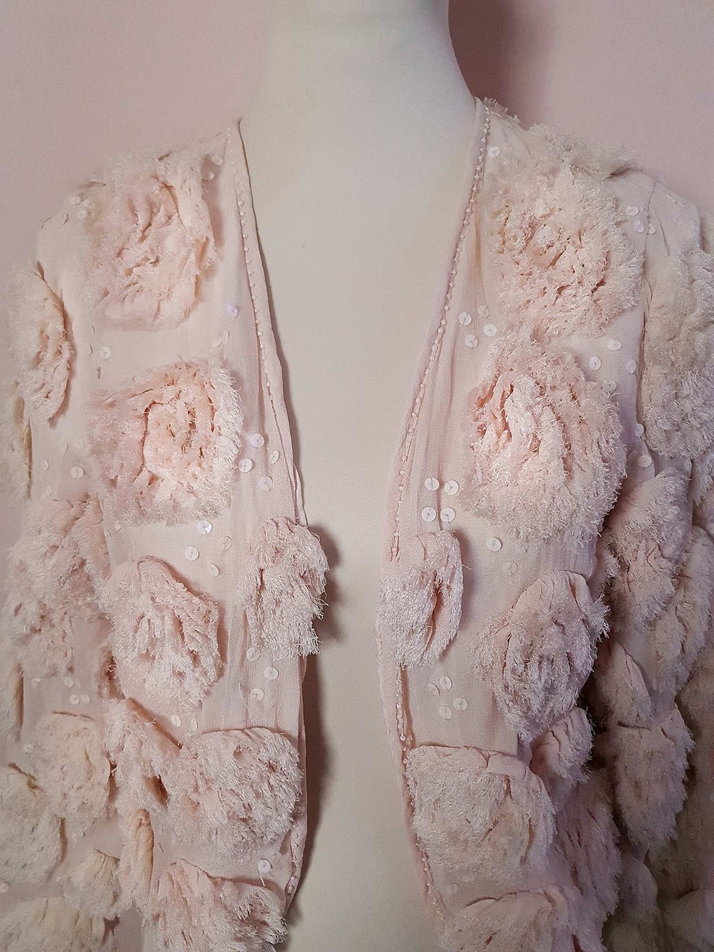 Vintage 1960s Pale Pink Rose & Sequin Chiffon Jacket - Size 10/12