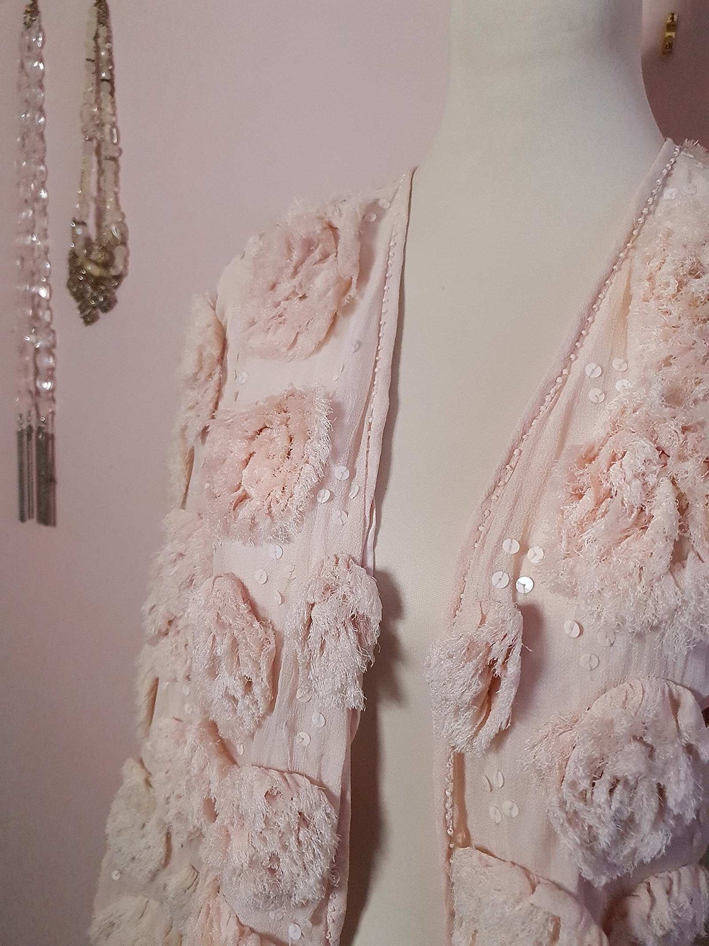 Vintage 1960s Pale Pink Rose & Sequin Chiffon Jacket - Size 10/12