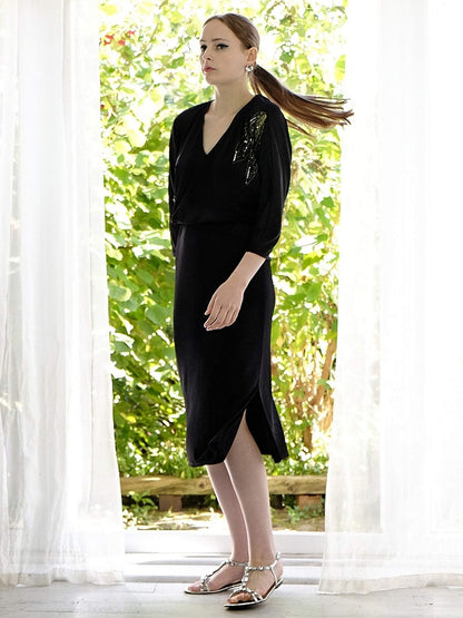 Vintage 1970s Black Dress Bead and Sequin Party Midi Cocktail - Size 8/10