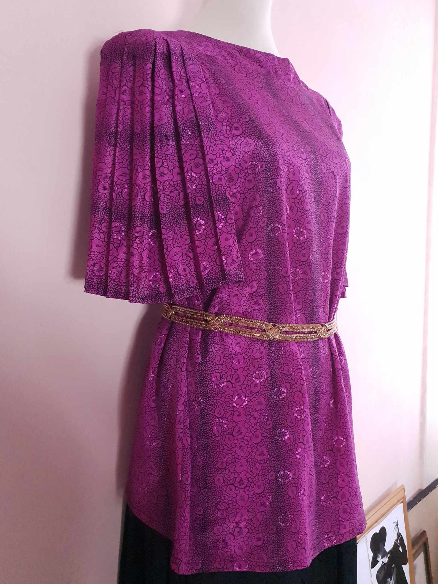 Vintage 1980s Cerise Pink and Black Pleated Dress - Size 16/18