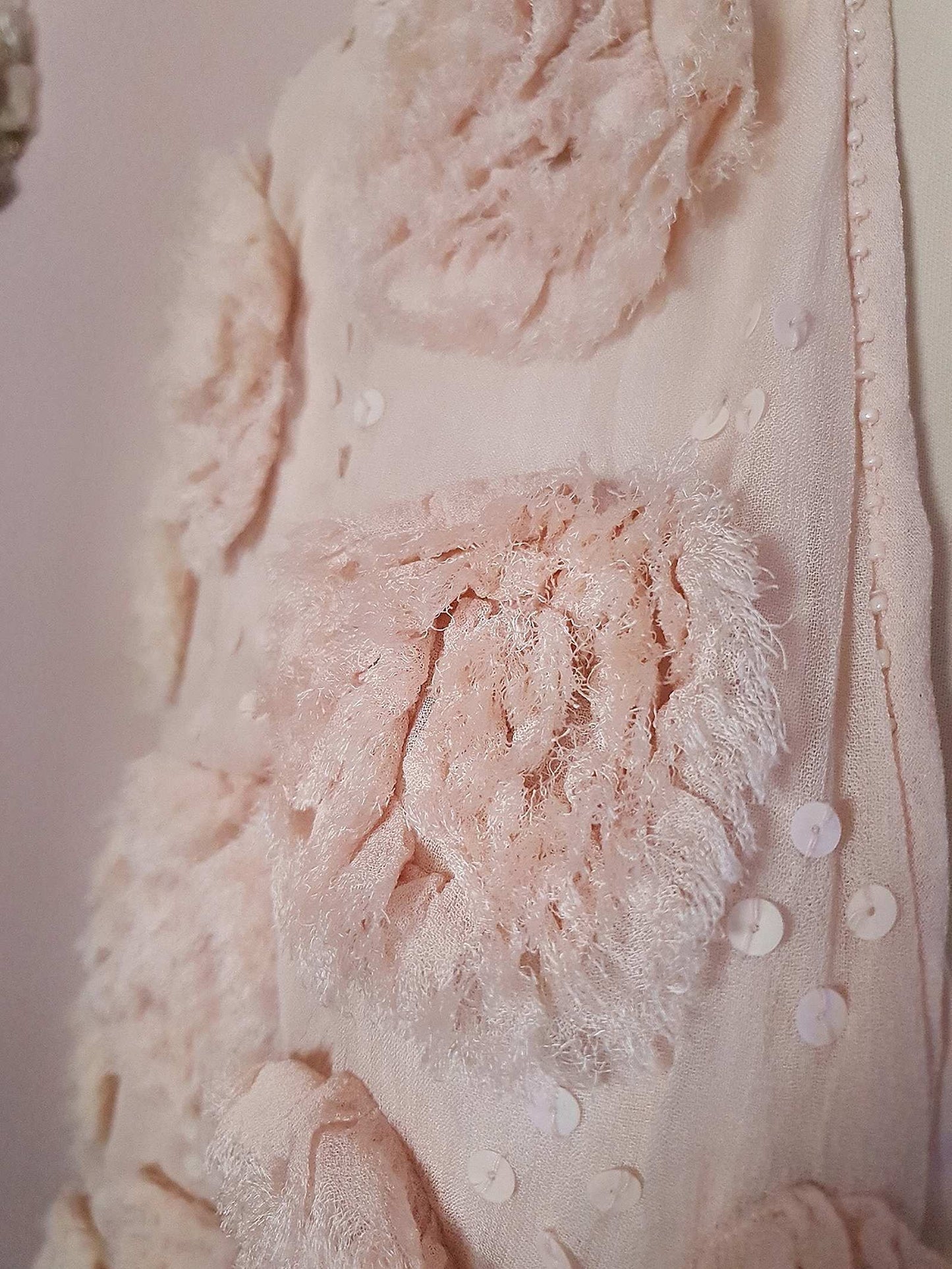 Vintage 1960s Pale Pink Rose & Sequin Chiffon Jacket - Size 10/12