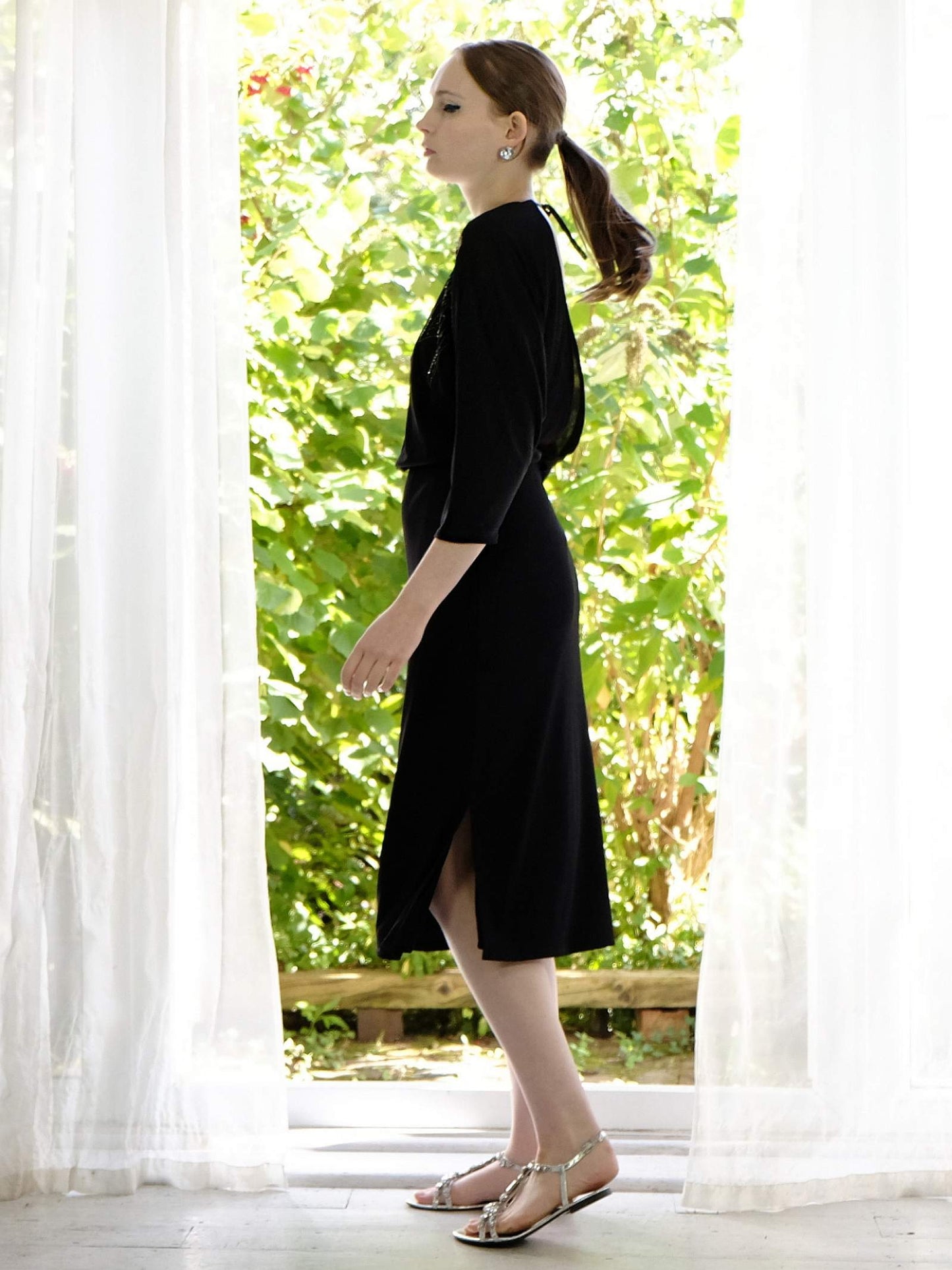 Vintage 1970s Black Dress Bead and Sequin Party Midi Cocktail - Size 8/10