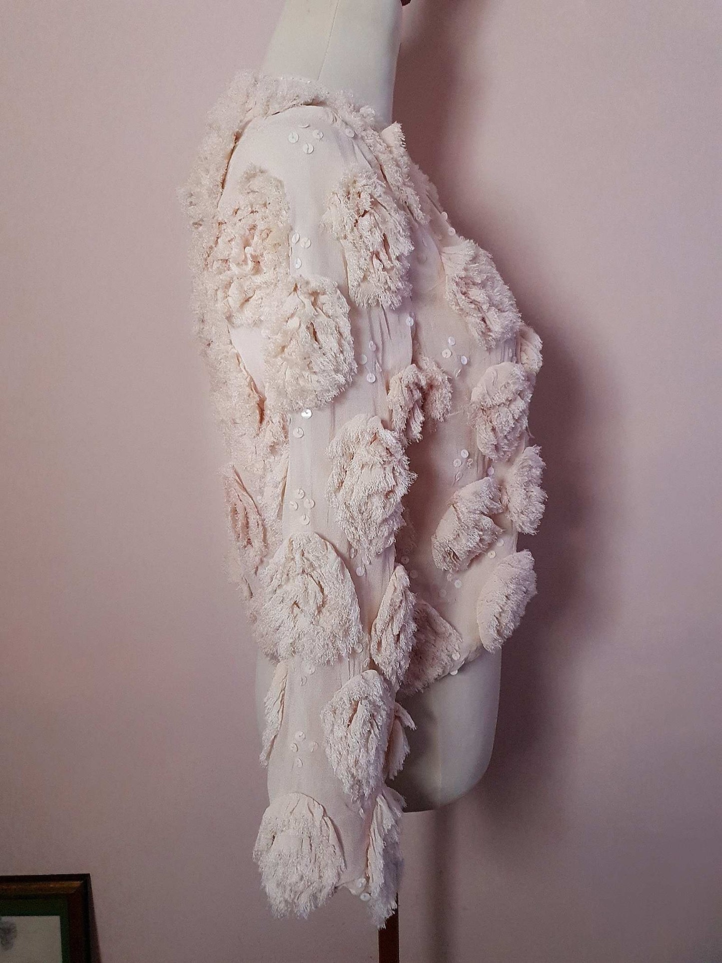 Vintage 1960s Pale Pink Rose & Sequin Chiffon Jacket - Size 10/12