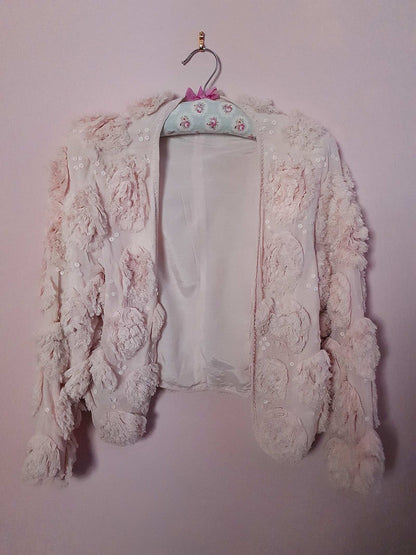 Vintage 1960s Pale Pink Rose & Sequin Chiffon Jacket - Size 10/12