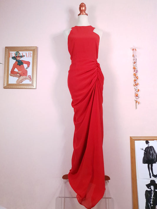 Glamorous 1990s Red Chiffon Evening Gown Dress - Size 8/10