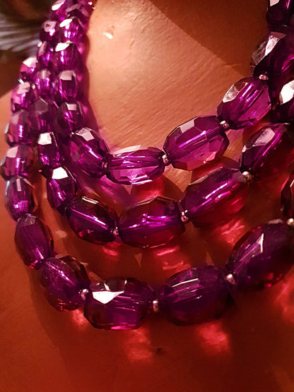 Gorgeous Vintage 1990s Chunky Purple Wine Bead Three Layered Necklace