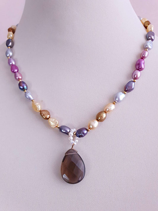 Pretty Multi Colour Baroque Freshwater Pearl Smoky Quartz Necklace