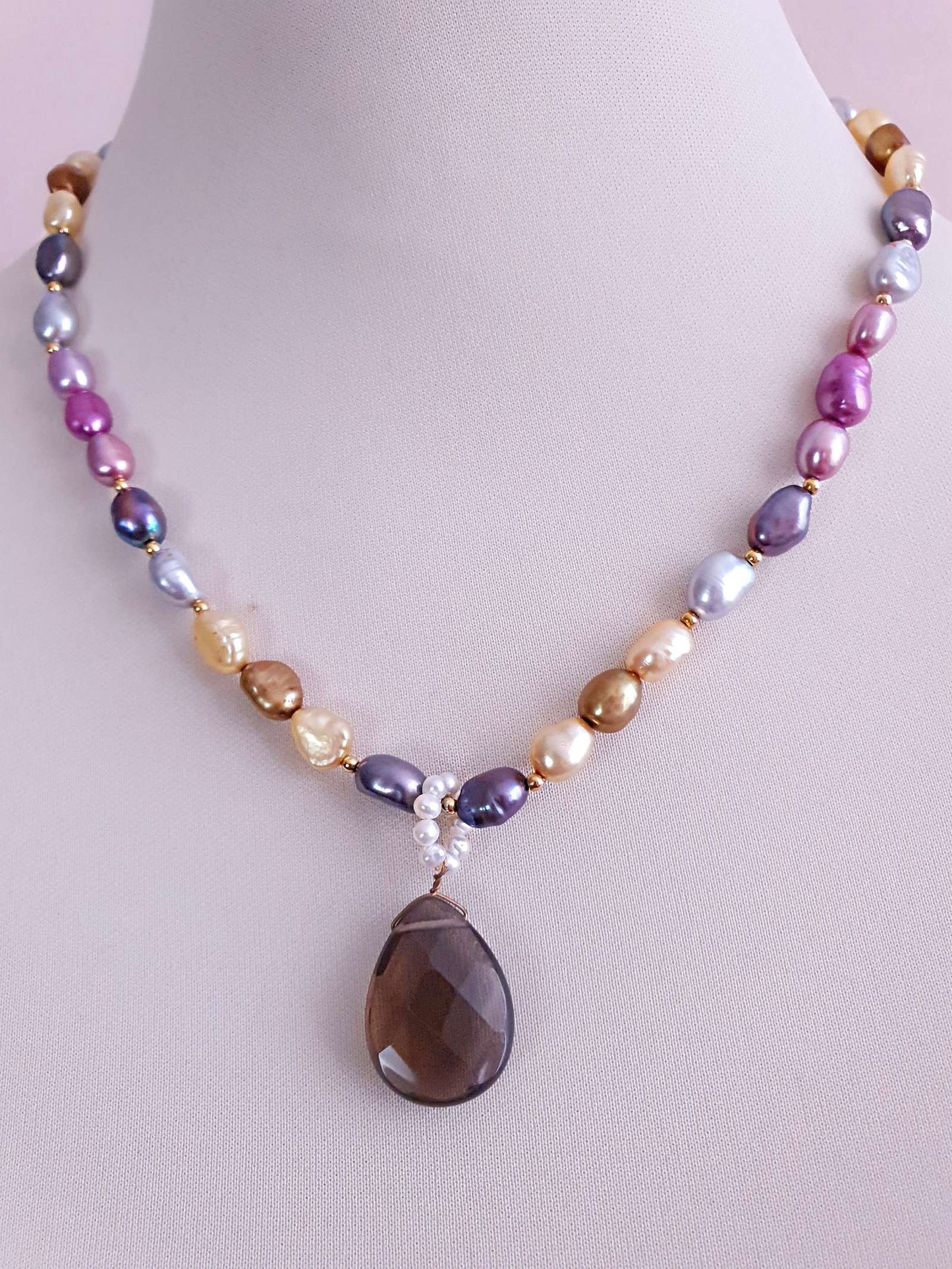 Pretty Multi Colour Baroque Freshwater Pearl Smoky Quartz Necklace