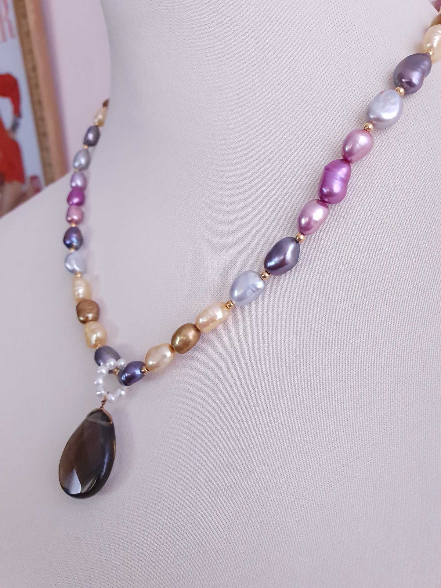 Pretty Multi Colour Baroque Freshwater Pearl Smoky Quartz Necklace