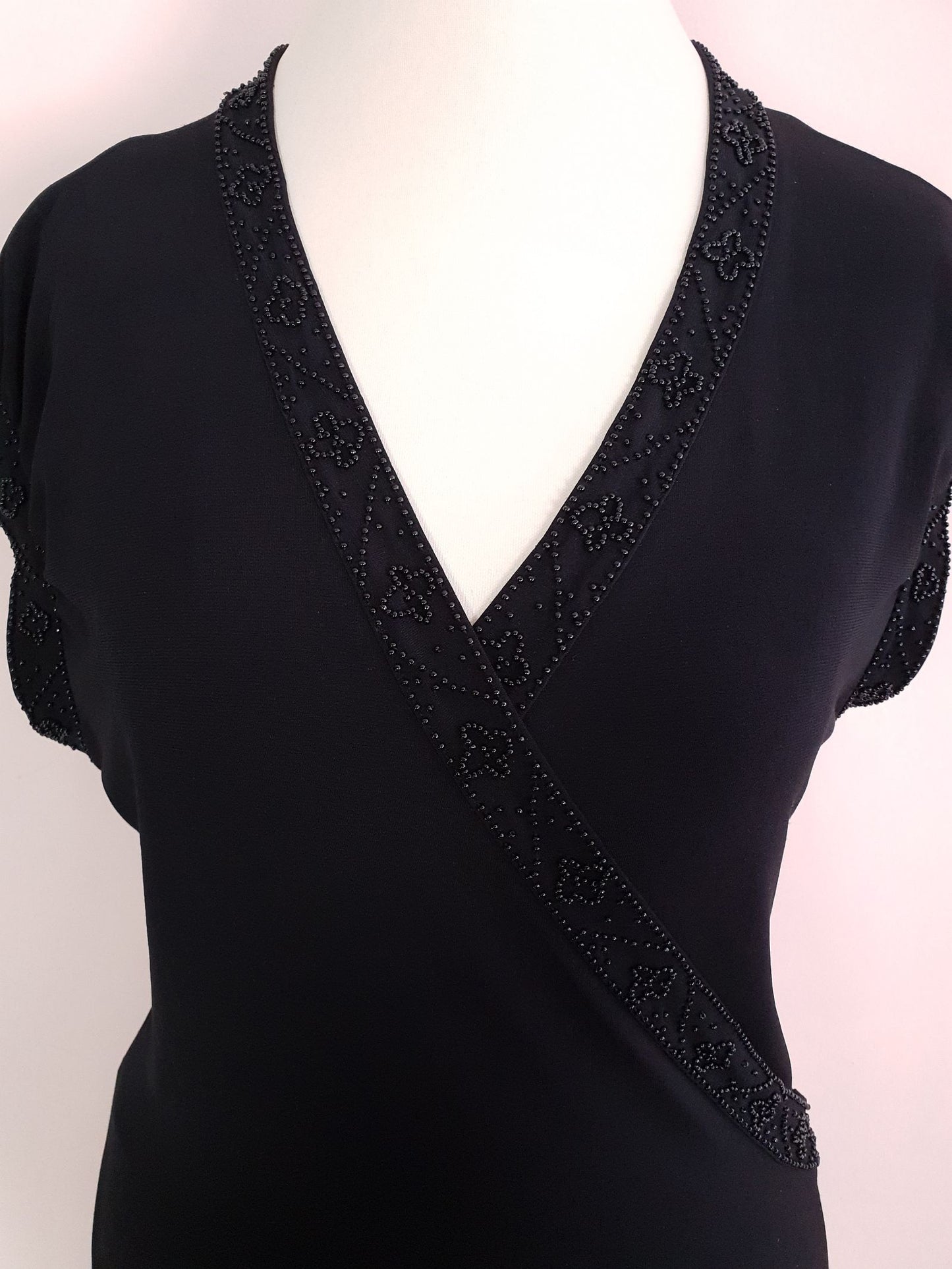 Vintage Laura Ashley Black Beaded Wrap Dress Midi - Size 14/16 LBD