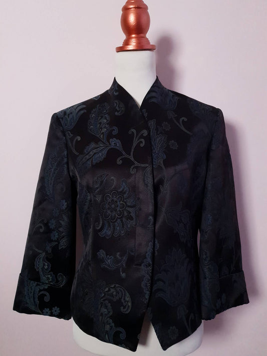 Vintage Laura Ashley Black Floral Jacket Jacquard 1990s Size 12/14