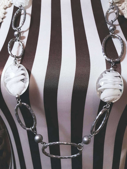 Vintage Laura Ashley Long Necklace 35" White Glass Silver Tone